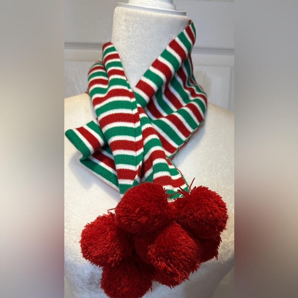 GANZ Scarf Festive Holiday Wear Kids Striped Scarf with Red Pom Poms Size 3
